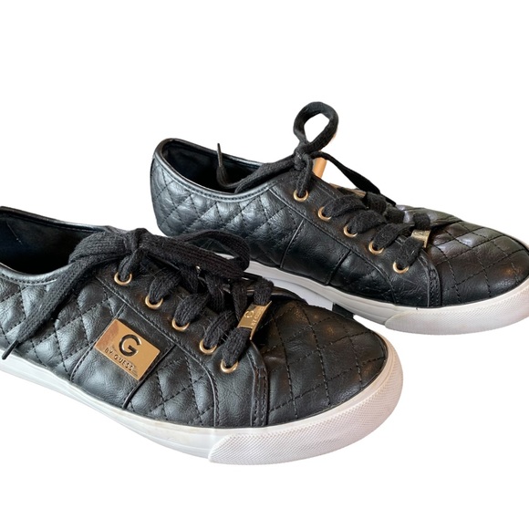 G by Guess Black Quilted Lace Up Sneakers with Gold Accents Size 8 - Picture 2 of 9